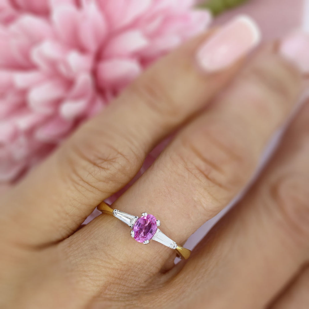 18ct Yellow Gold Pink Sapphire & Tapered Baguette Diamond 3 Stone Ring