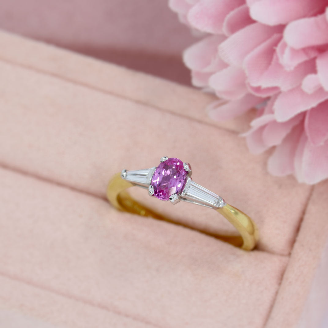 18ct Yellow Gold Pink Sapphire & Tapered Baguette Diamond 3 Stone Ring