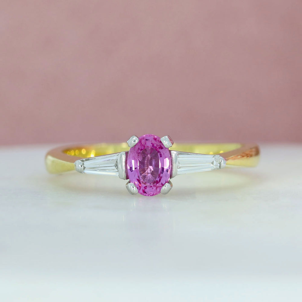 18ct Yellow Gold Pink Sapphire & Tapered Baguette Diamond 3 Stone Ring