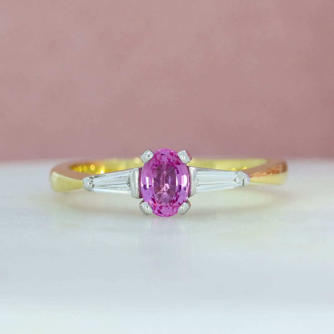 18ct Yellow Gold Pink Sapphire & Tapered Baguette Diamond 3 Stone Ring