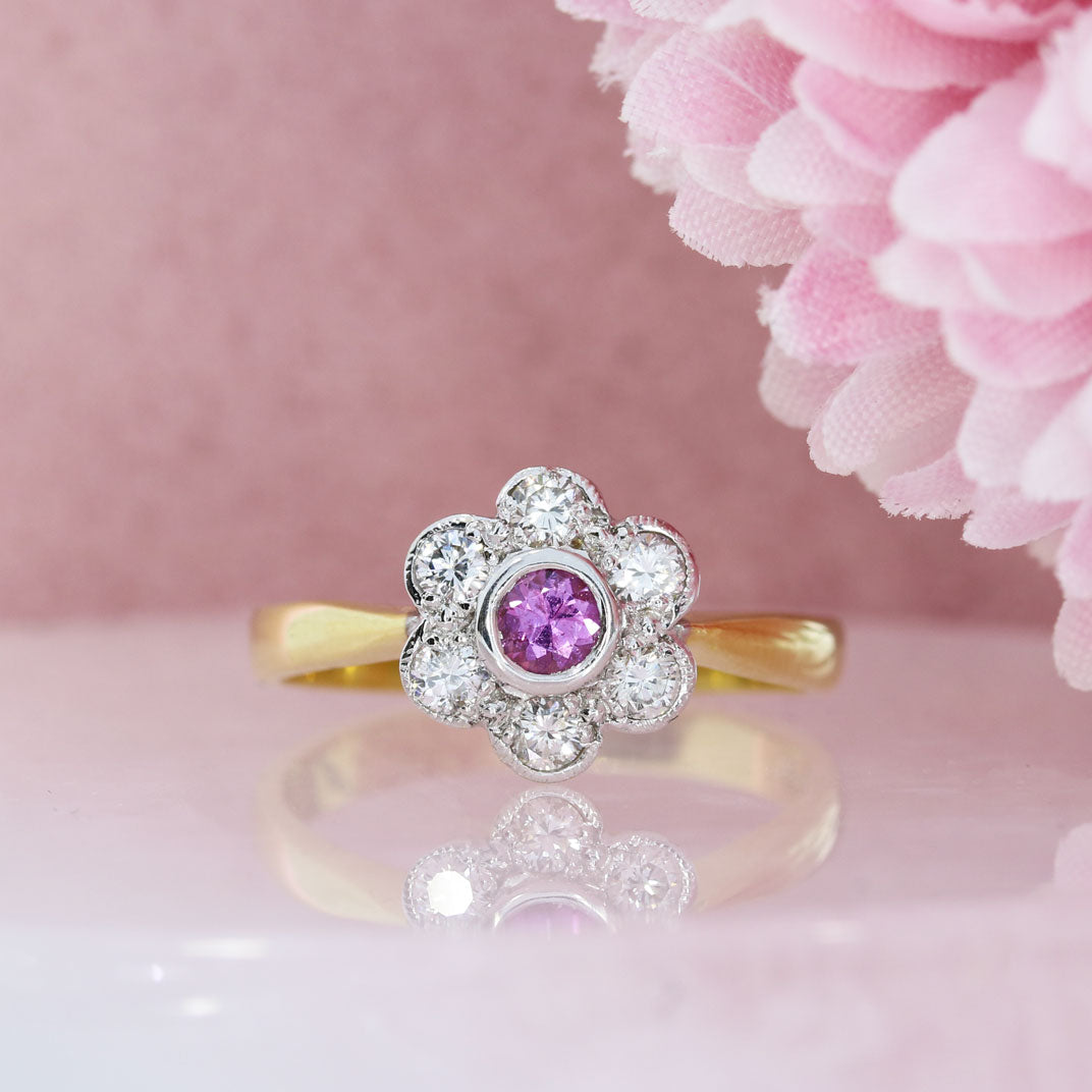 18ct Yellow Gold Pink Sapphire & Diamond Cluster Ring