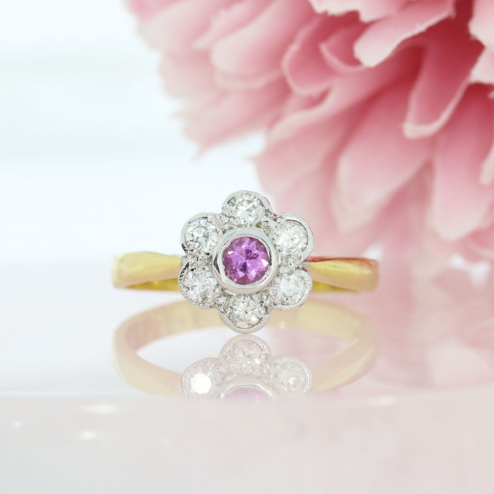 18ct Yellow Gold Pink Sapphire & Diamond Cluster Ring