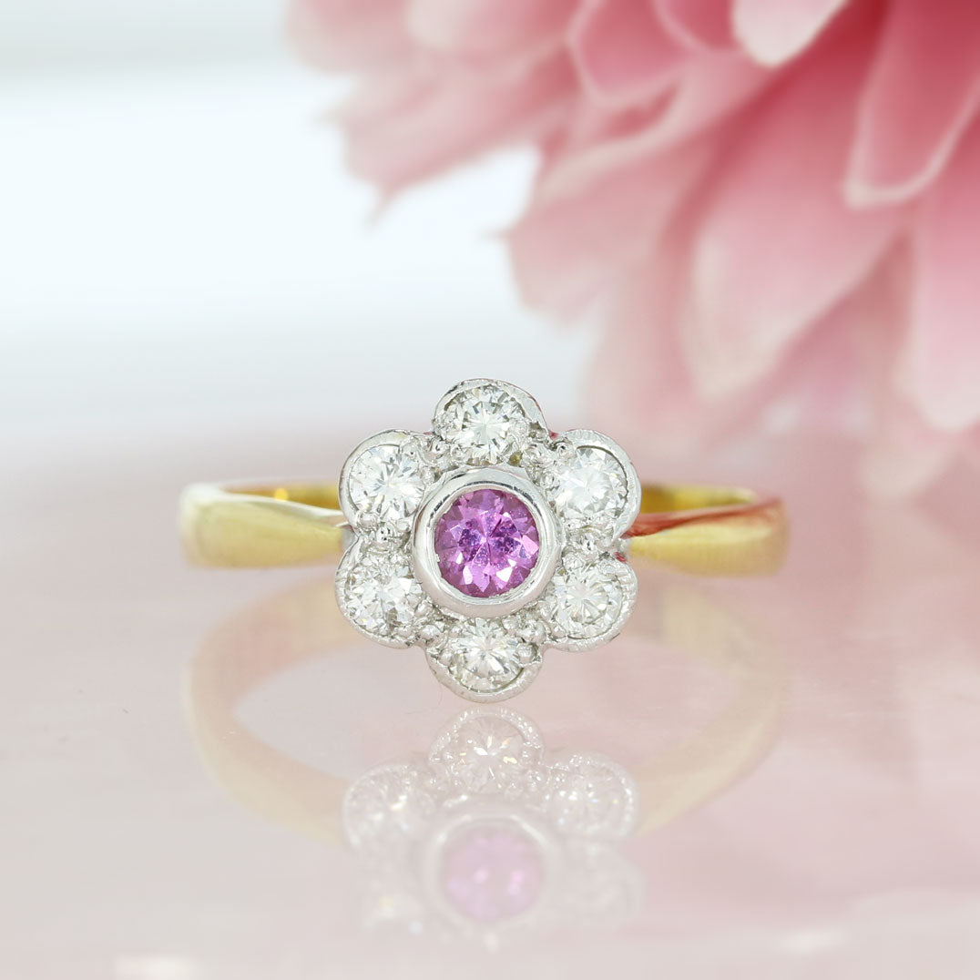 18ct Yellow Gold Pink Sapphire & Diamond Cluster Ring