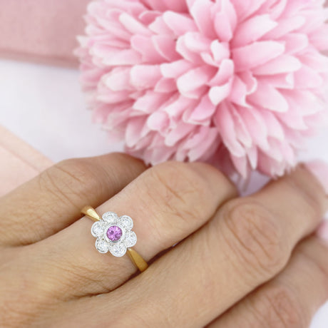 18ct Yellow Gold Pink Sapphire & Diamond Cluster Ring