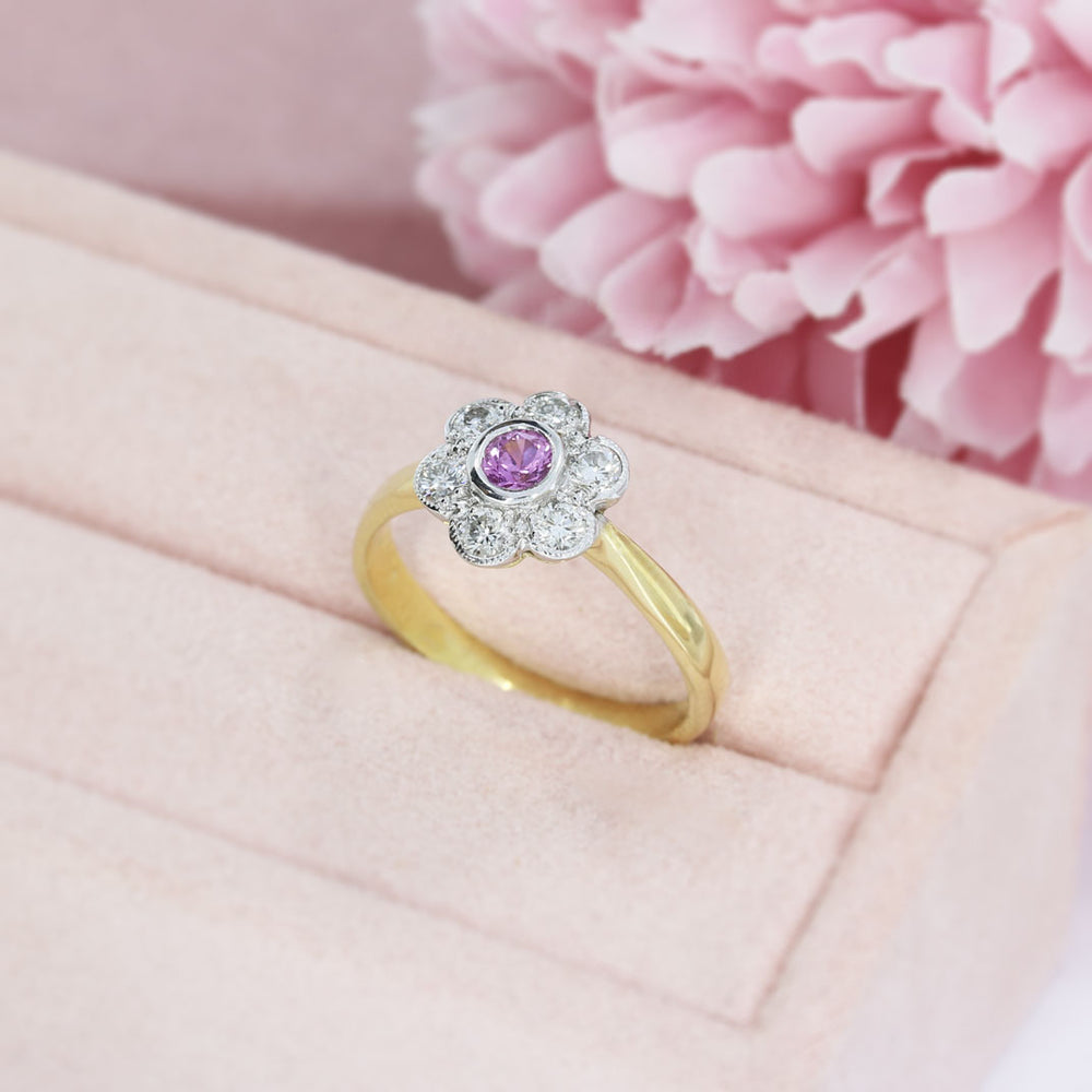 18ct Yellow Gold Pink Sapphire & Diamond Cluster Ring