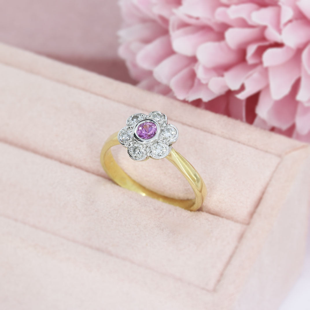 18ct Yellow Gold Pink Sapphire & Diamond Cluster Ring