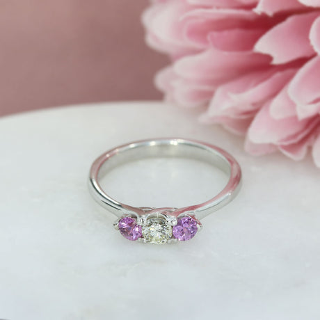 18ct White Gold Pink Sapphire & Diamond Claw Set 3 Stone Ring