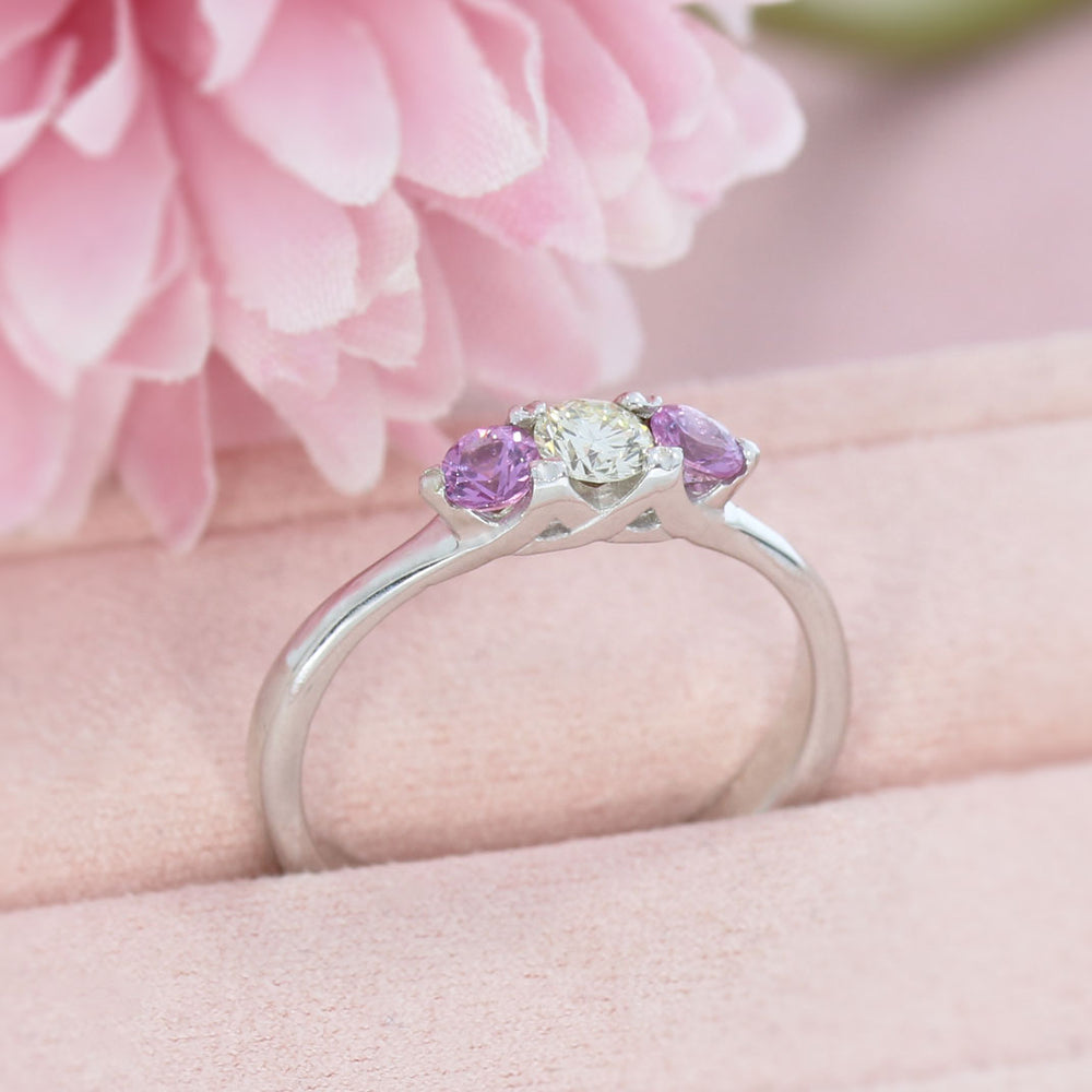 18ct White Gold Pink Sapphire & Diamond Claw Set 3 Stone Ring