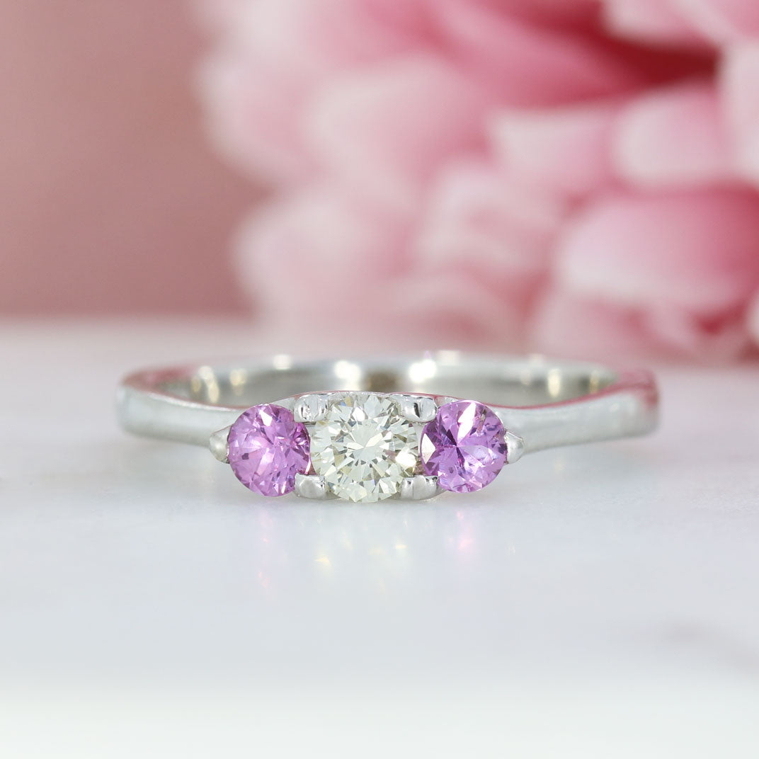 18ct White Gold Pink Sapphire & Diamond Claw Set 3 Stone Ring