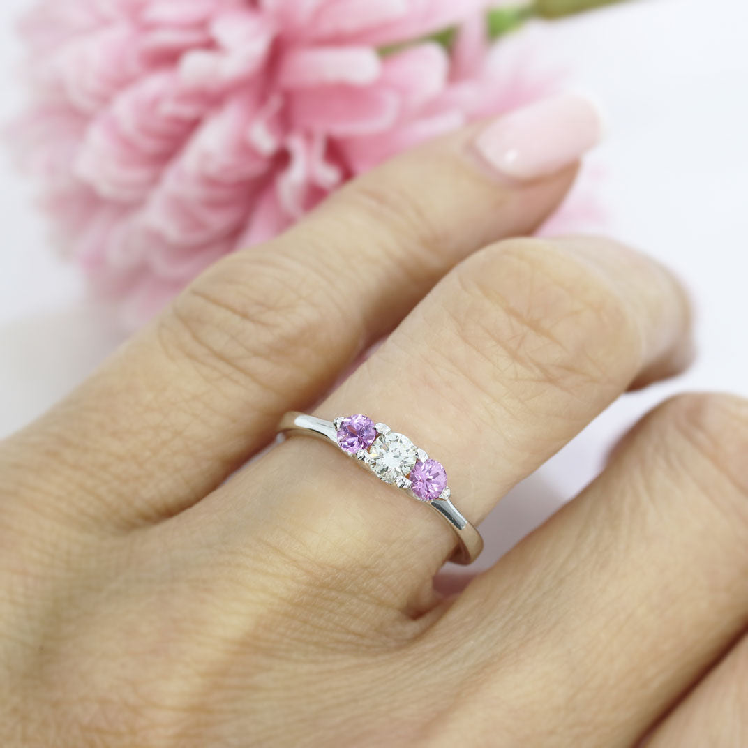 18ct White Gold Pink Sapphire & Diamond Claw Set 3 Stone Ring