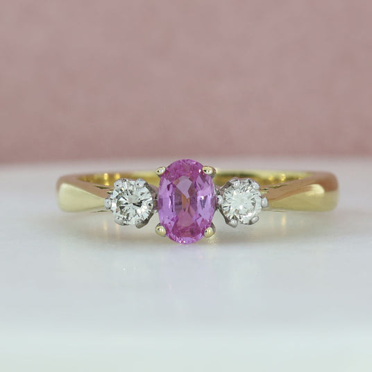 18ct Yellow Gold Oval Pink Sapphire & Brilliant Cut Diamond 0.20ct 3 Stone Ring