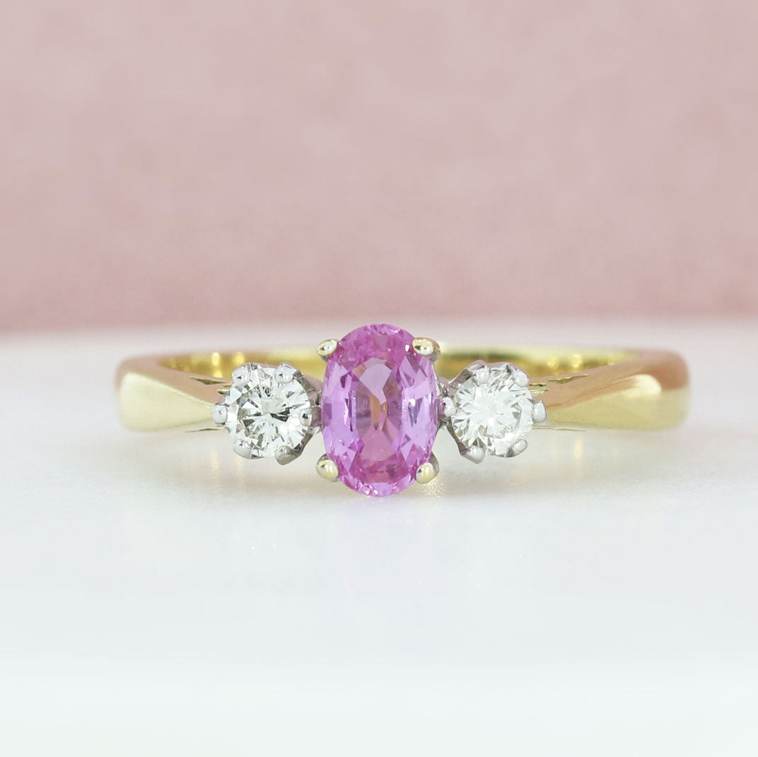 18ct Yellow Gold Oval Pink Sapphire & Brilliant Cut Diamond 0.20ct 3 Stone Ring