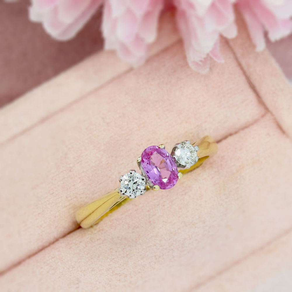 18ct Yellow Gold Oval Pink Sapphire & Brilliant Cut Diamond 0.20ct 3 Stone Ring