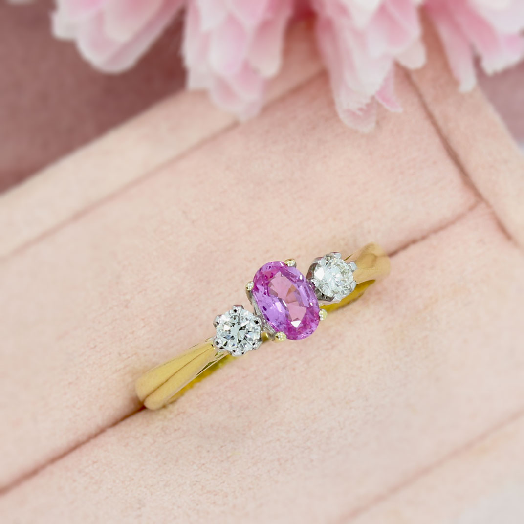 18ct Yellow Gold Oval Pink Sapphire & Brilliant Cut Diamond 0.20ct 3 Stone Ring