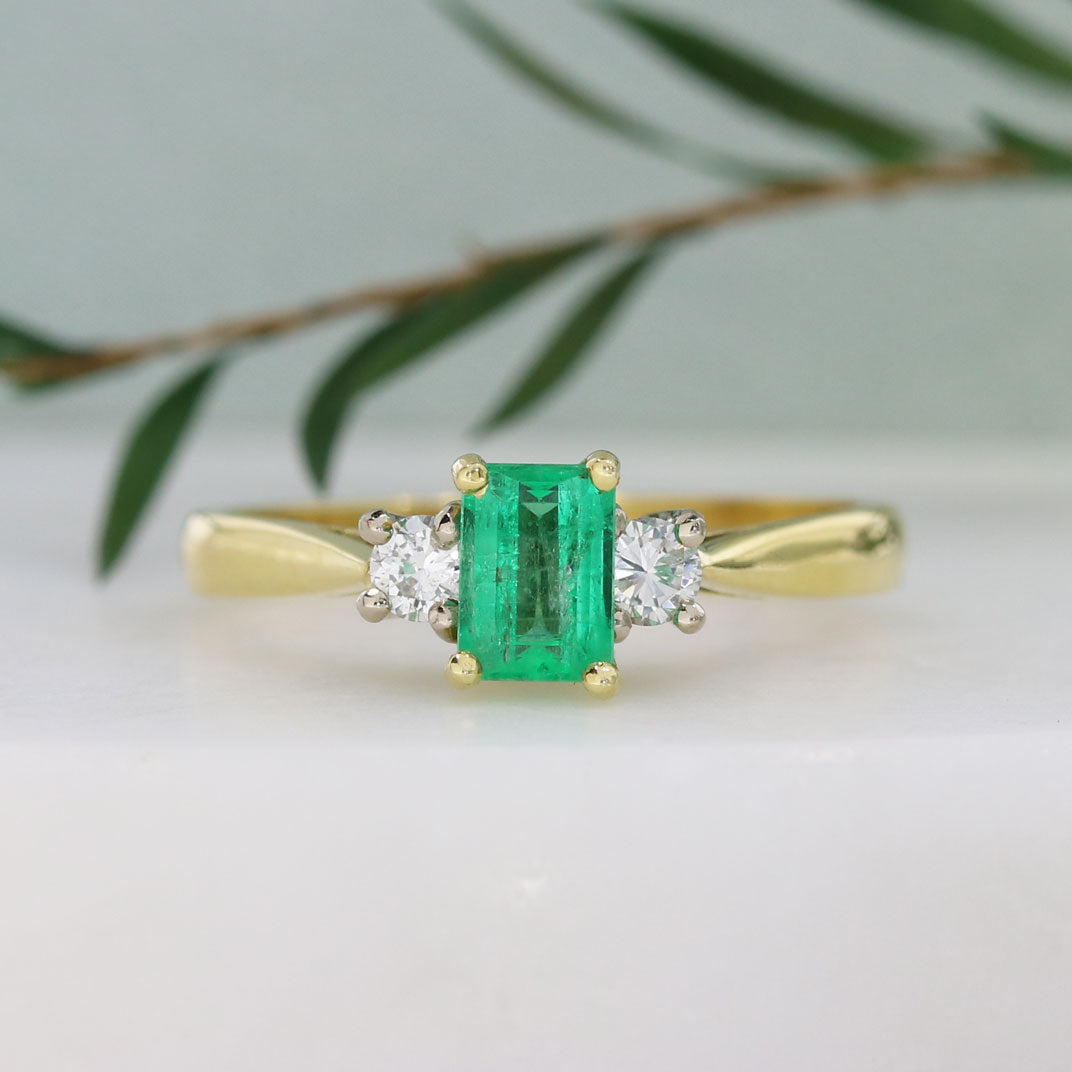 18ct Yellow Gold Emerald Cut Emerald & Diamond 3 Stone Ring