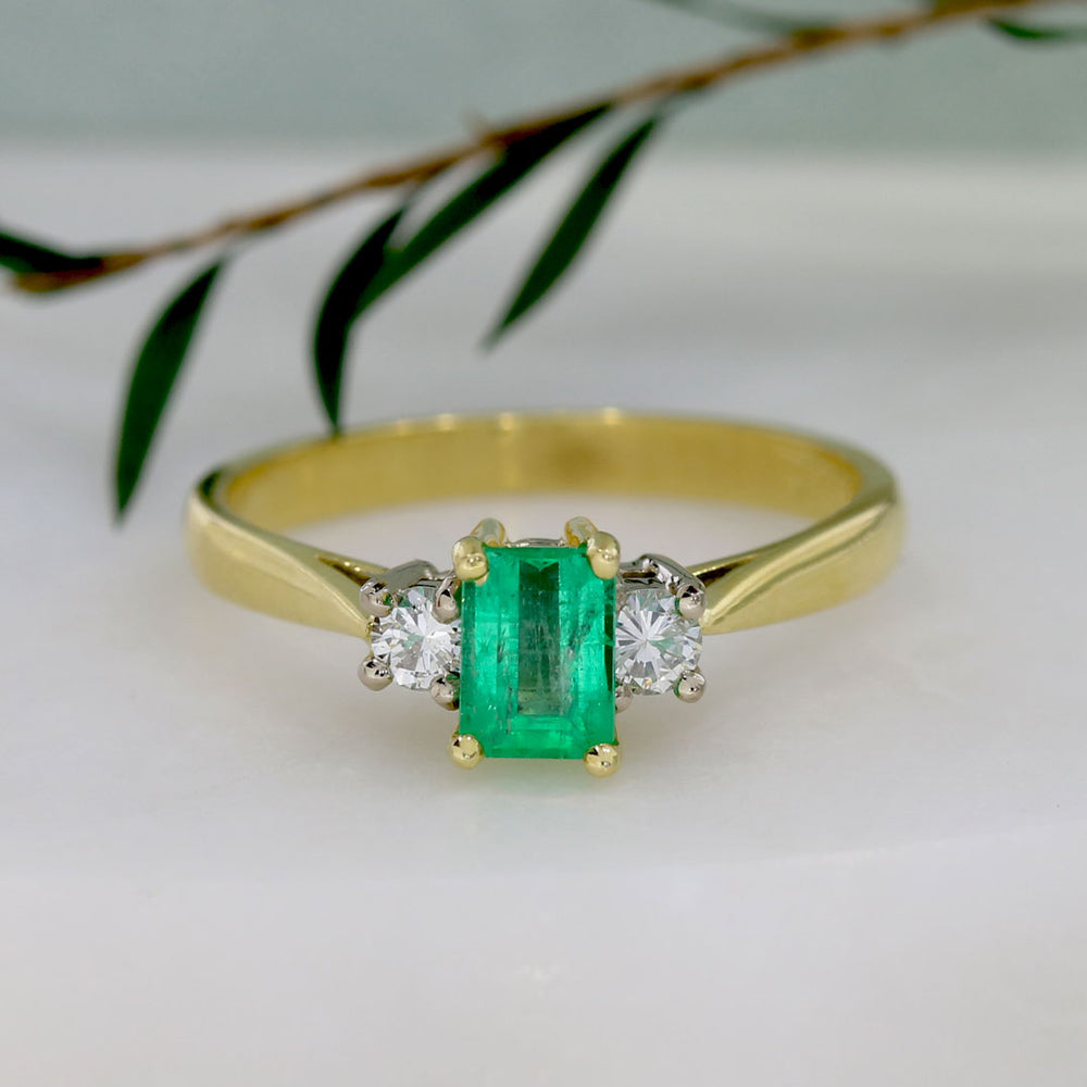 18ct Yellow Gold Emerald Cut Emerald & Diamond 3 Stone Ring