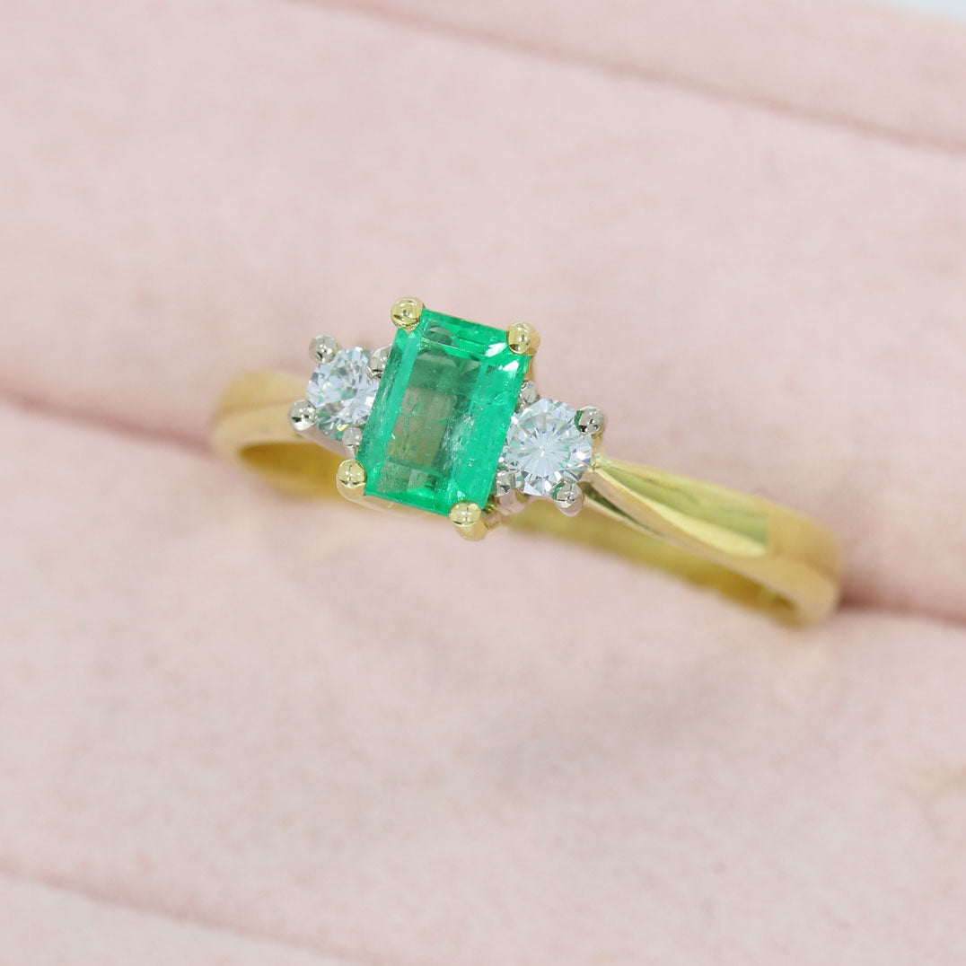 18ct Yellow Gold Emerald Cut Emerald & Diamond 3 Stone Ring