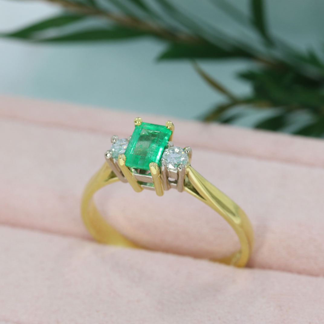 18ct Yellow Gold Emerald Cut Emerald & Diamond 3 Stone Ring
