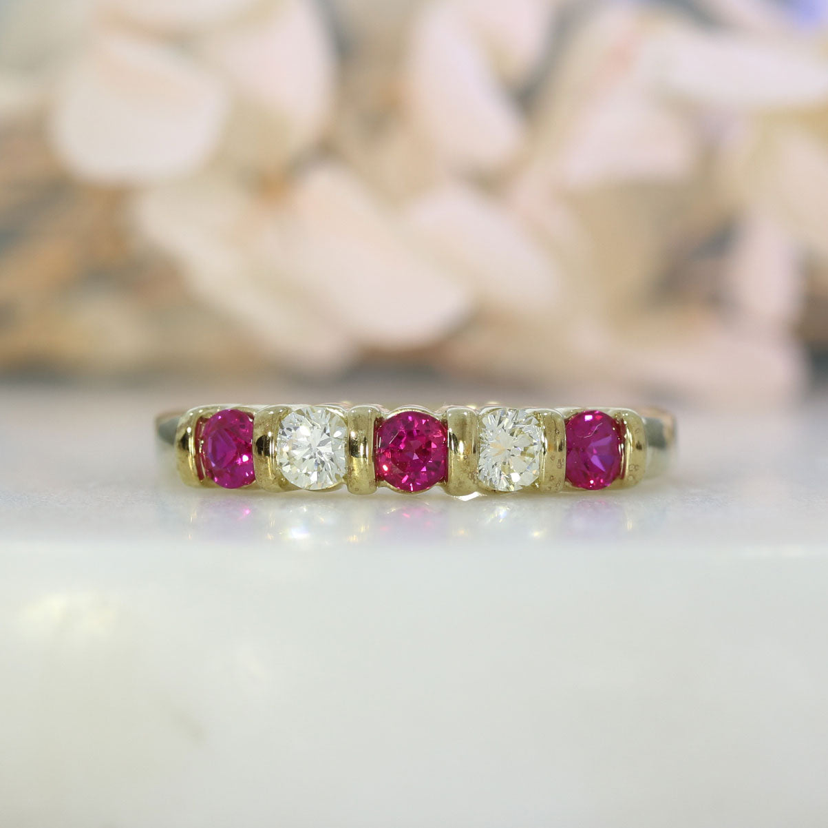 9ct Gold 5 Stone Ruby & Diamond Eternity Ring In a Bar Claw Setting