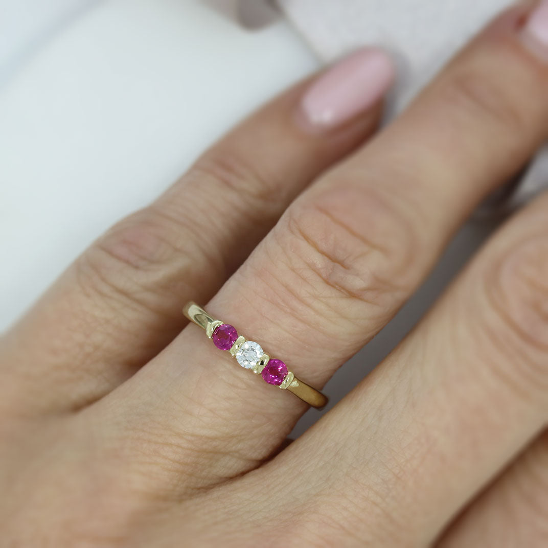 9ct Gold 3 Stone Ruby & Diamond Ring In A Bar Claw Setting
