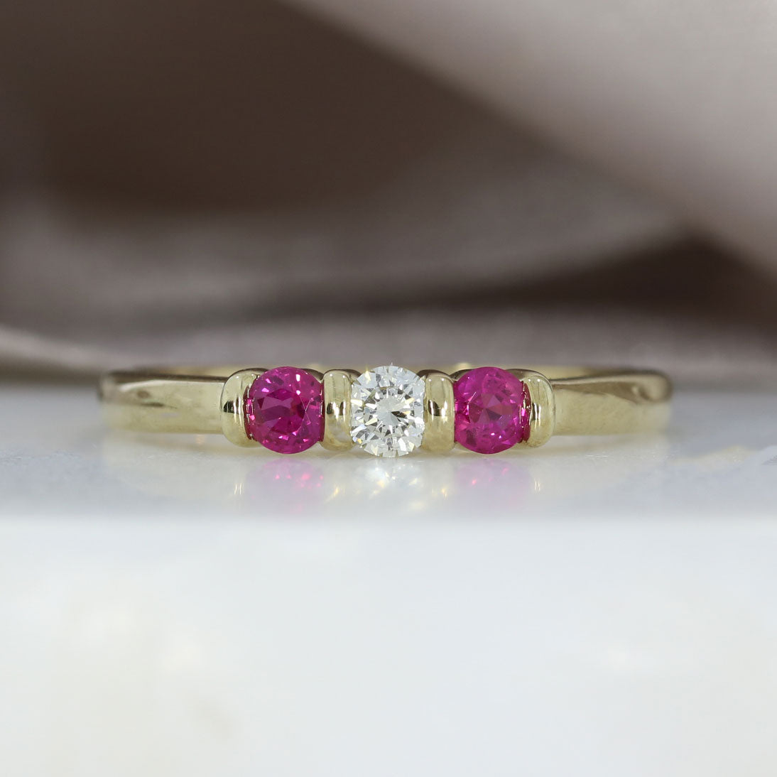 9ct Gold 3 Stone Ruby & Diamond Ring In A Bar Claw Setting