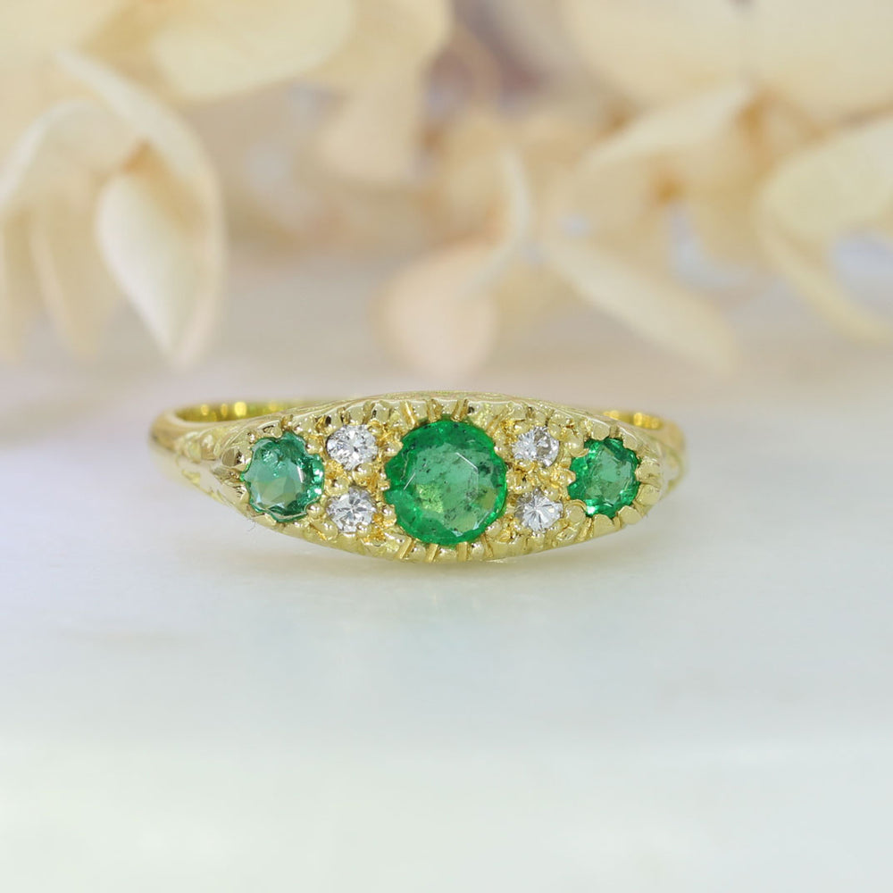 18ct Yellow Gold Emerald & Diamond Boat Shaped Ring