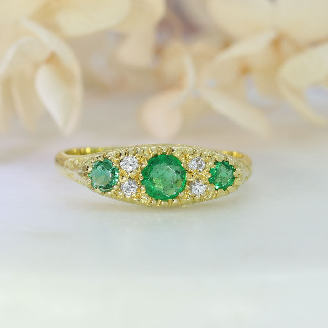 18ct Yellow Gold Emerald & Diamond Boat Shaped Ring