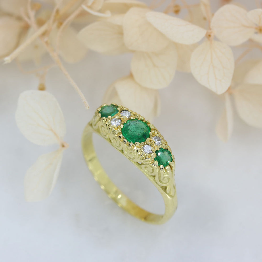18ct Yellow Gold Emerald & Diamond Boat Shaped Ring
