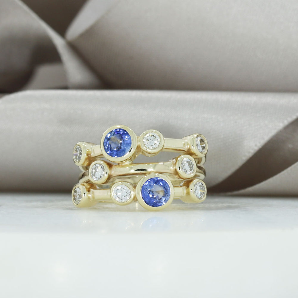 9ct Yellow Gold Sapphire & Diamond 3 Row Bubble Ring