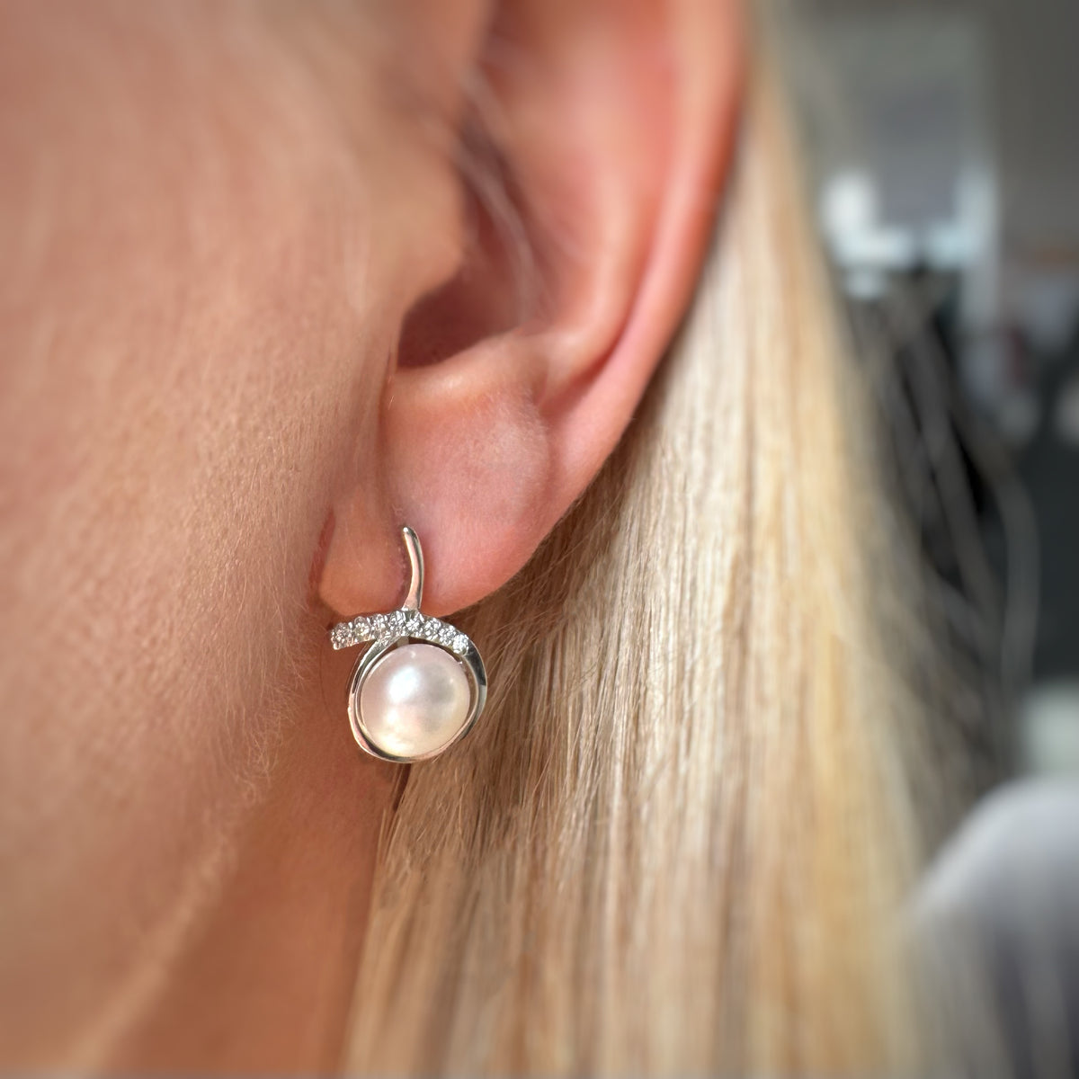 Silver Swirl CZ Earrings with Cultured Pearl.