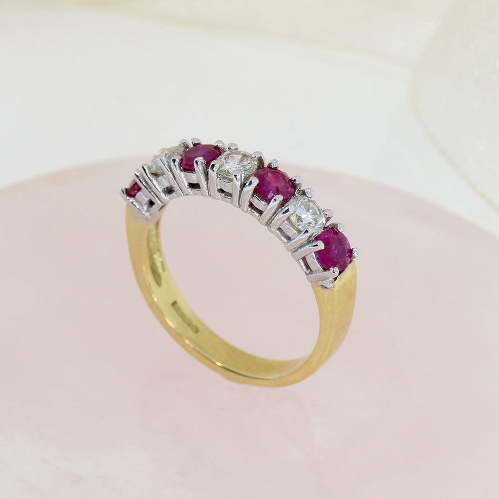 Pre Owned 18ct Yellow Gold Ruby & Diamond 7 Stone Ring