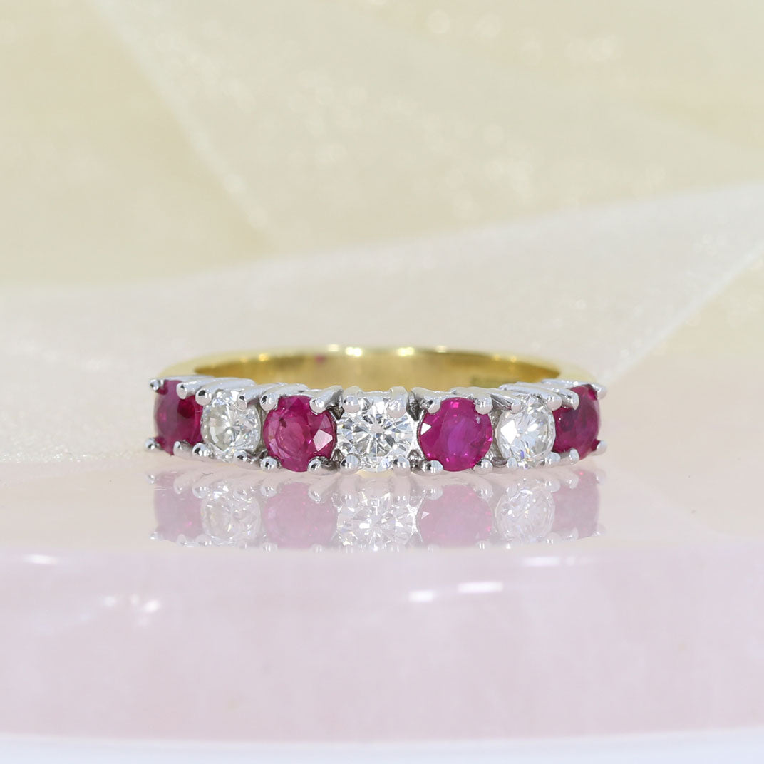 Pre Owned 18ct Yellow Gold Ruby & Diamond 7 Stone Ring