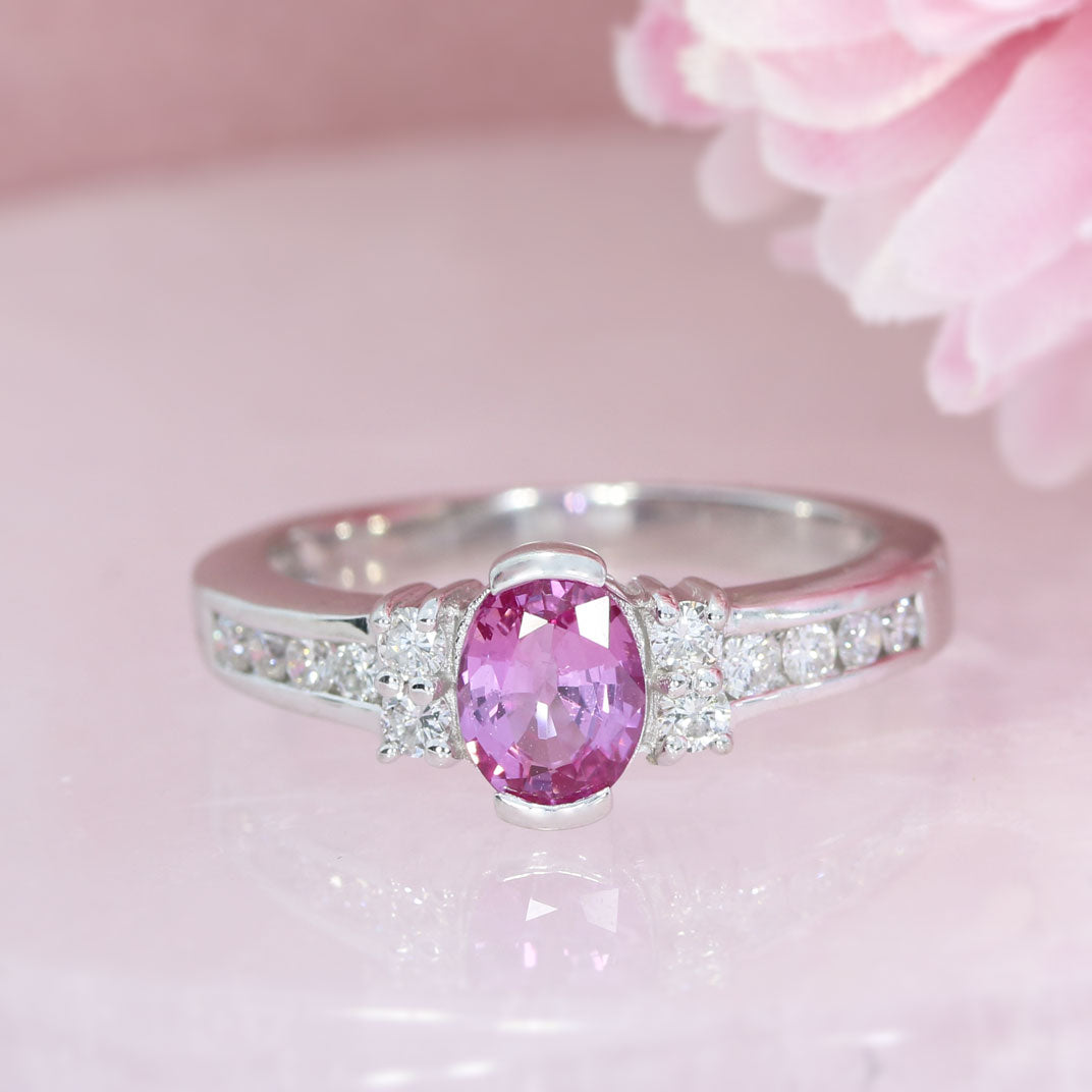 18ct White Gold Oval Pink Sapphire & Diamond Fancy Ring