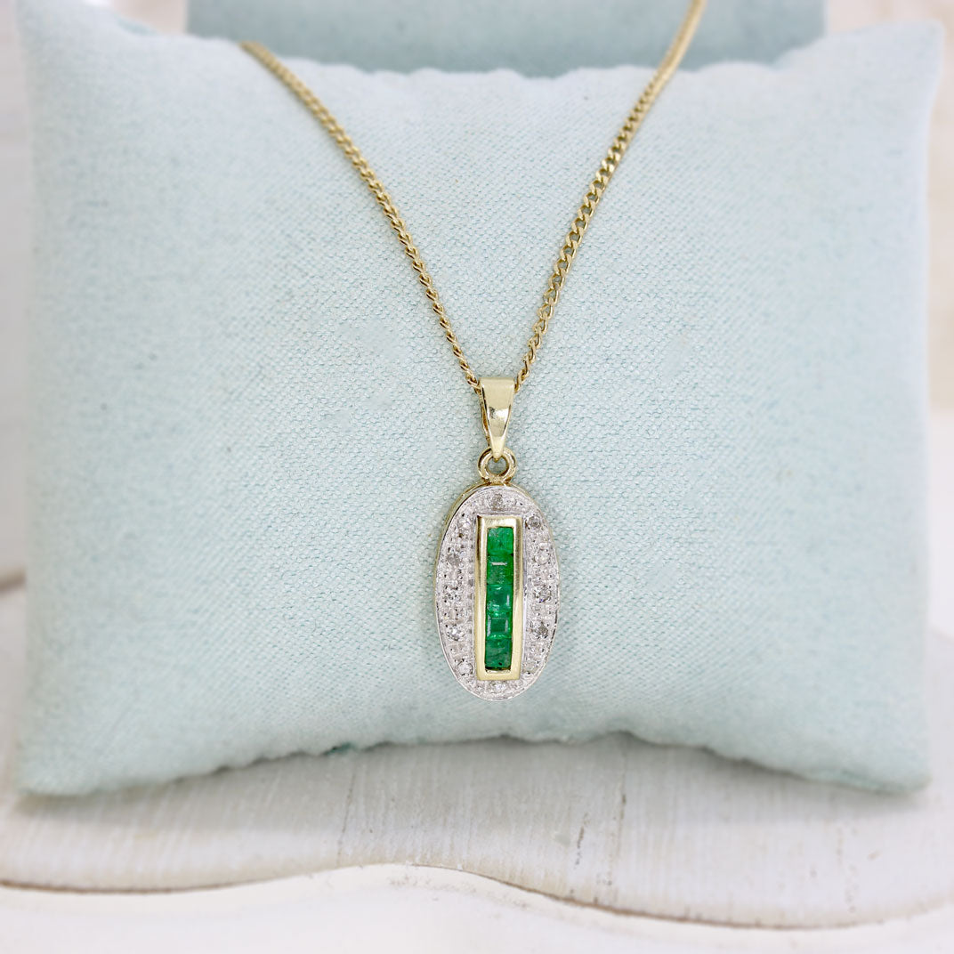 9ct Yellow Gold Oval Emerald & Diamond Pendant on a 9ct Gold 18" Curb Chain