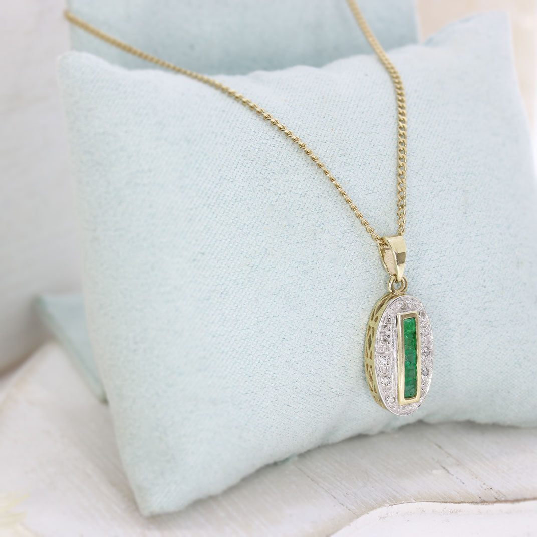 9ct Yellow Gold Oval Emerald & Diamond Pendant on a 9ct Gold 18" Curb Chain