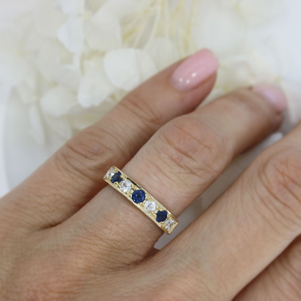 9ct Yellow Gold Pave Set Sapphire & Diamond 7 Stone Eternity Ring