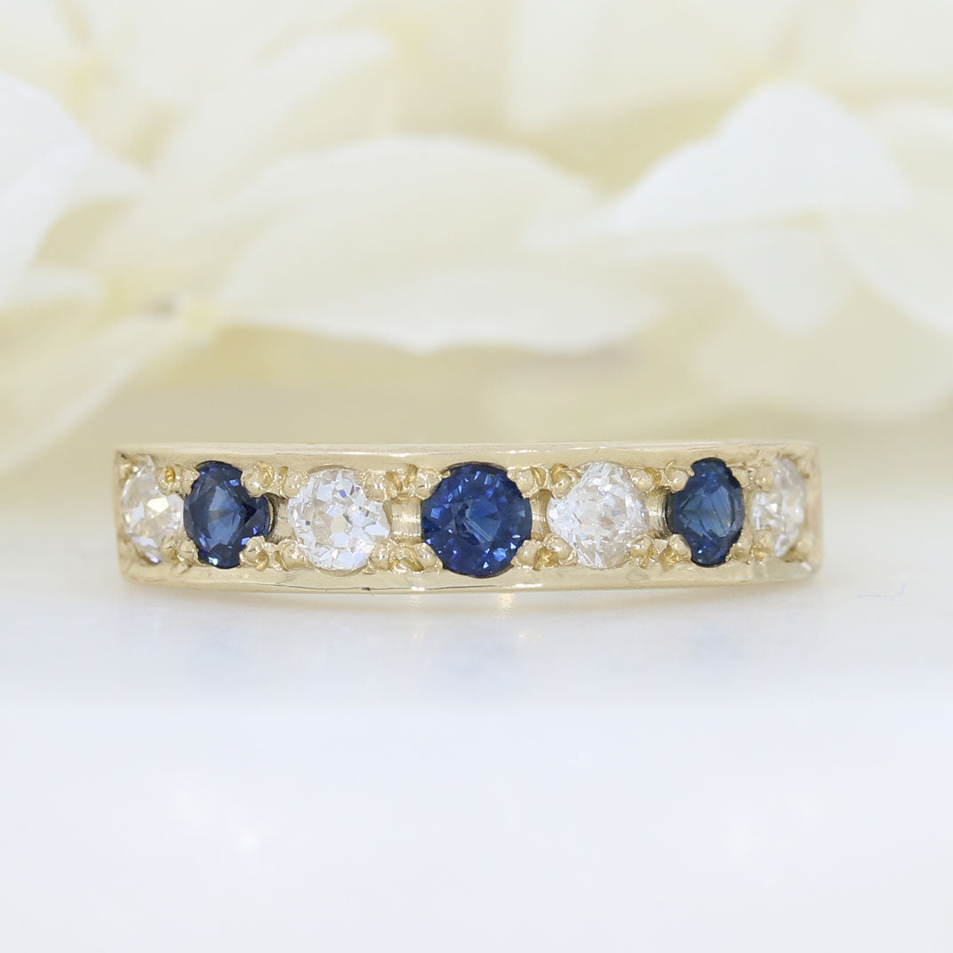 9ct Yellow Gold Pave Set Sapphire & Diamond 7 Stone Eternity Ring