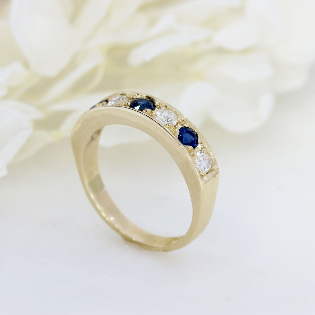9ct Yellow Gold Pave Set Sapphire & Diamond 7 Stone Eternity Ring