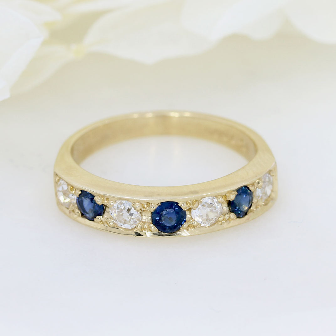 9ct Yellow Gold Pave Set Sapphire & Diamond 7 Stone Eternity Ring