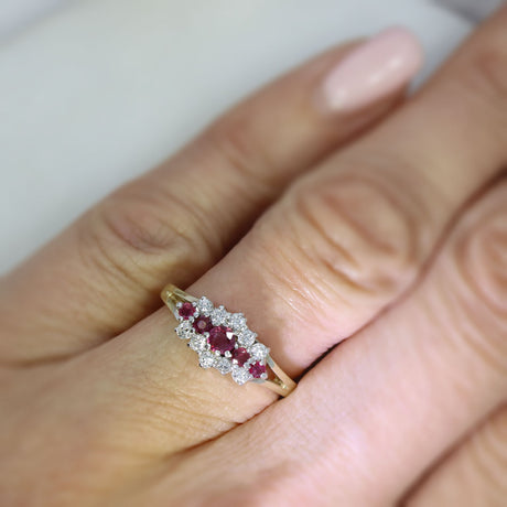 9ct Yellow Gold Five Stone Ruby & Diamond Cluster Ring