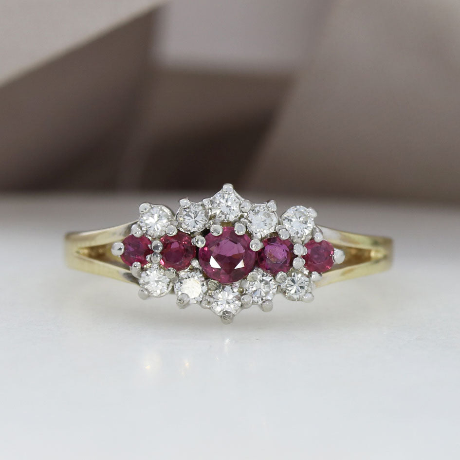 9ct Yellow Gold Five Stone Ruby & Diamond Cluster Ring