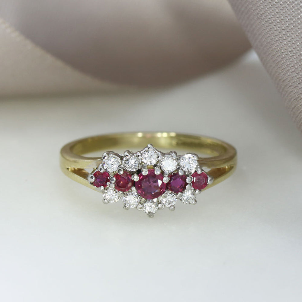 9ct Yellow Gold Five Stone Ruby & Diamond Cluster Ring