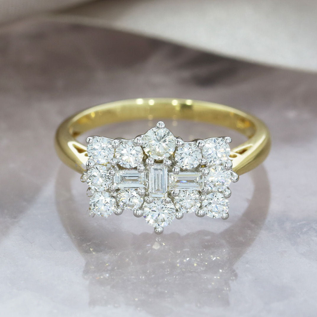 Pre Owned 18ct Gold Baguette & Brilliant Cut Cluster Ring Total 1.05ct G-H Si