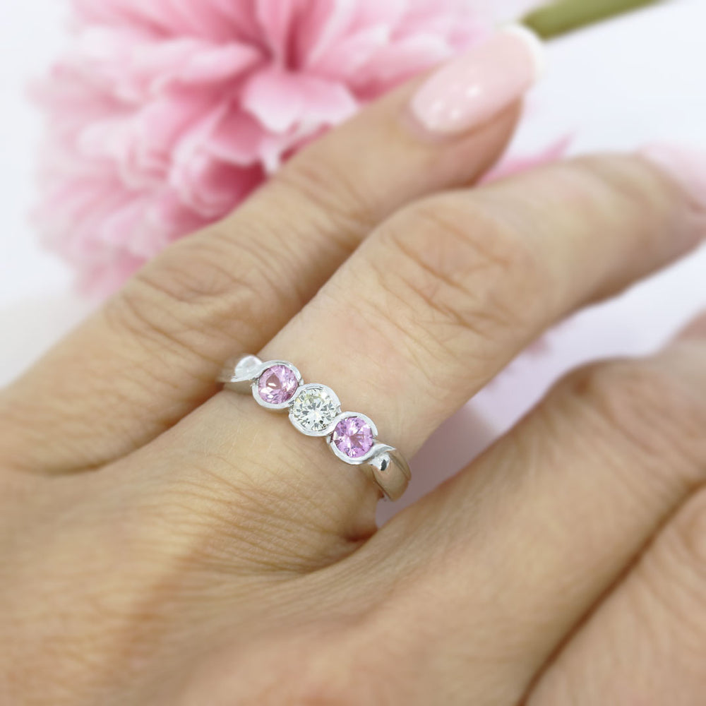 9ct White Gold 3 Stone Pink Sapphire & Diamond Ring