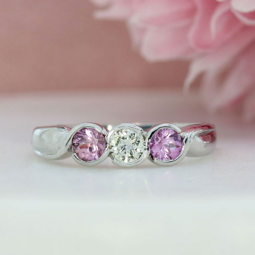 9ct White Gold 3 Stone Pink Sapphire & Diamond Ring