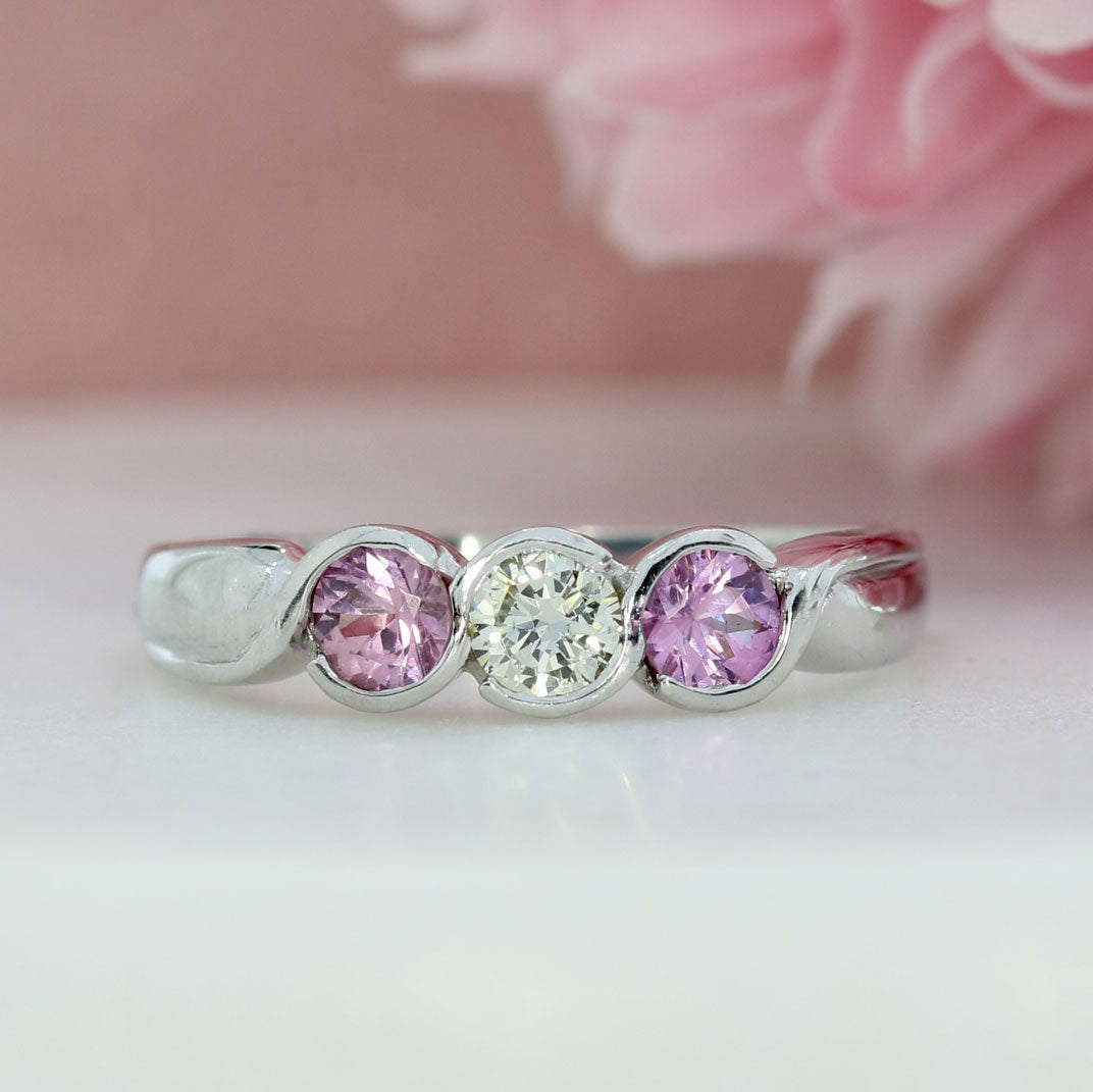 9ct White Gold 3 Stone Pink Sapphire & Diamond Ring