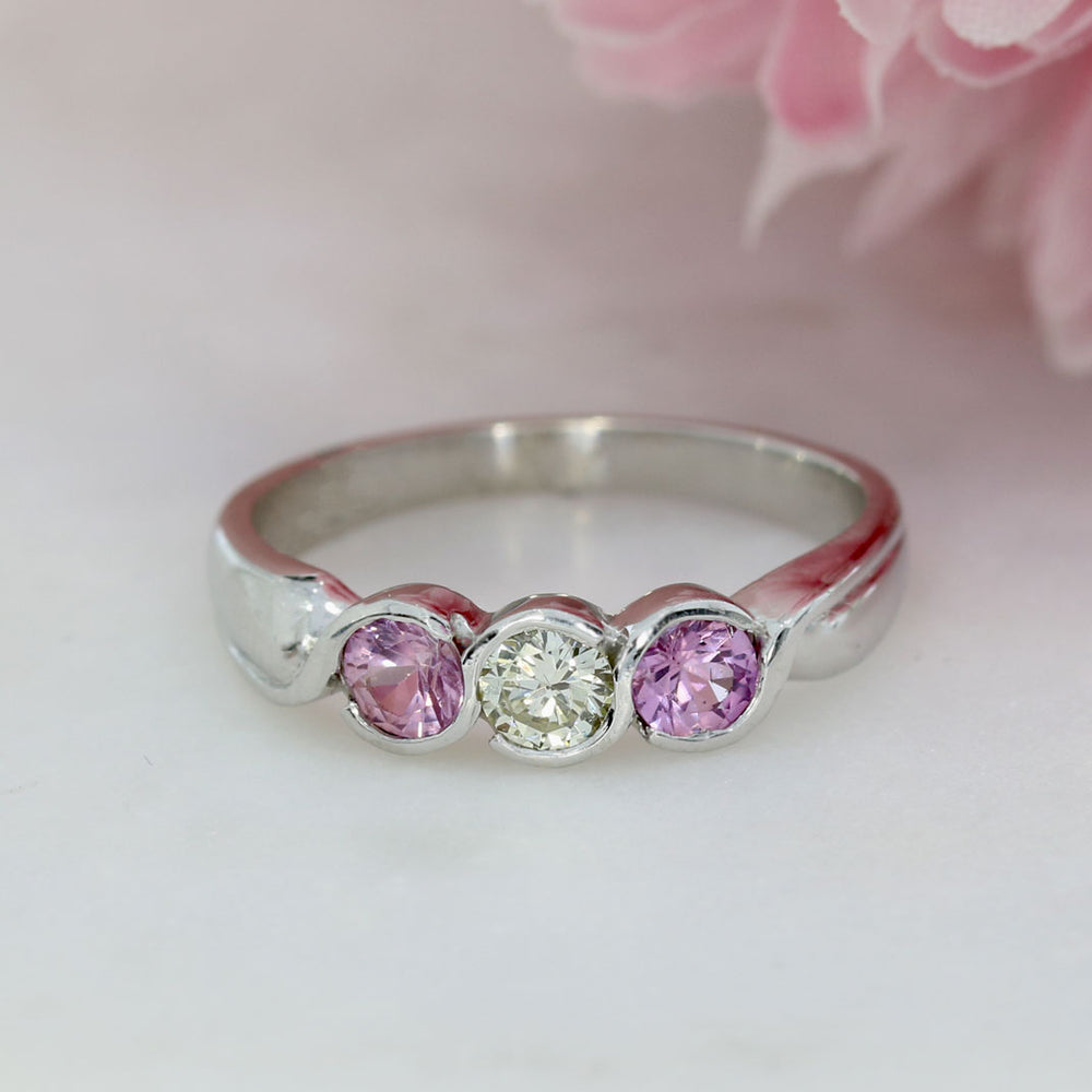 9ct White Gold 3 Stone Pink Sapphire & Diamond Ring