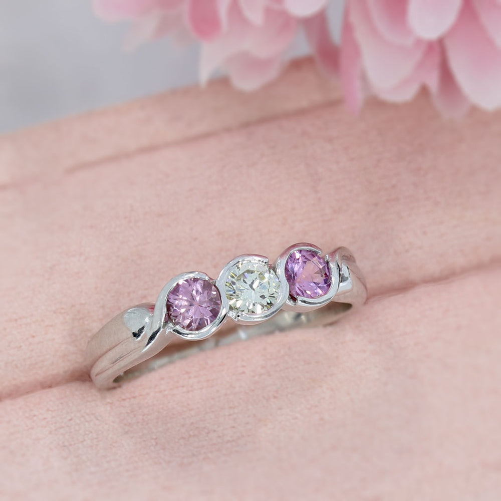 9ct White Gold 3 Stone Pink Sapphire & Diamond Ring