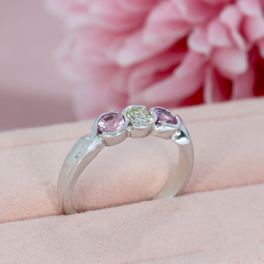 9ct White Gold 3 Stone Pink Sapphire & Diamond Ring