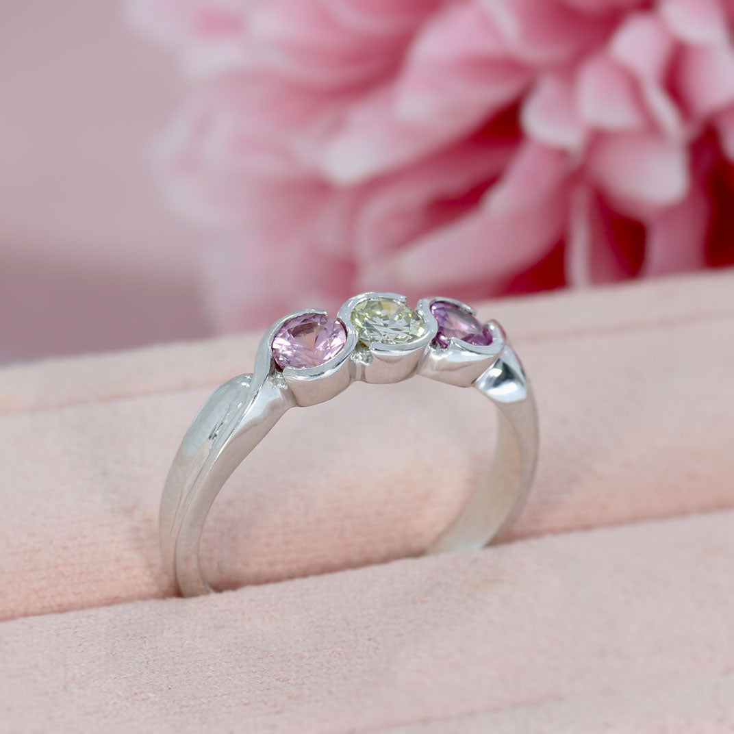 9ct White Gold 3 Stone Pink Sapphire & Diamond Ring